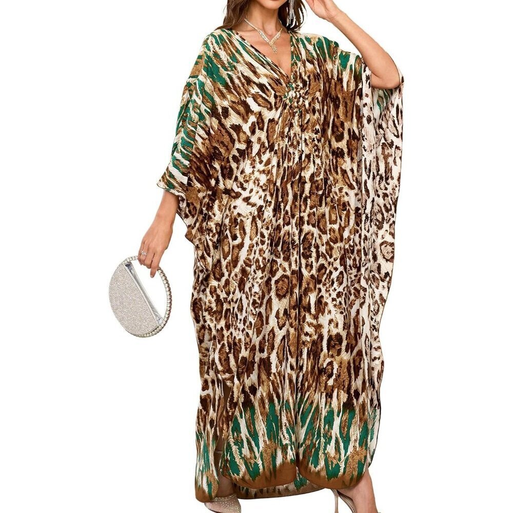 Women's Green-Leopard Spots Strips V-Neck Batwing Sleeves Summer Cover Up Kaftan